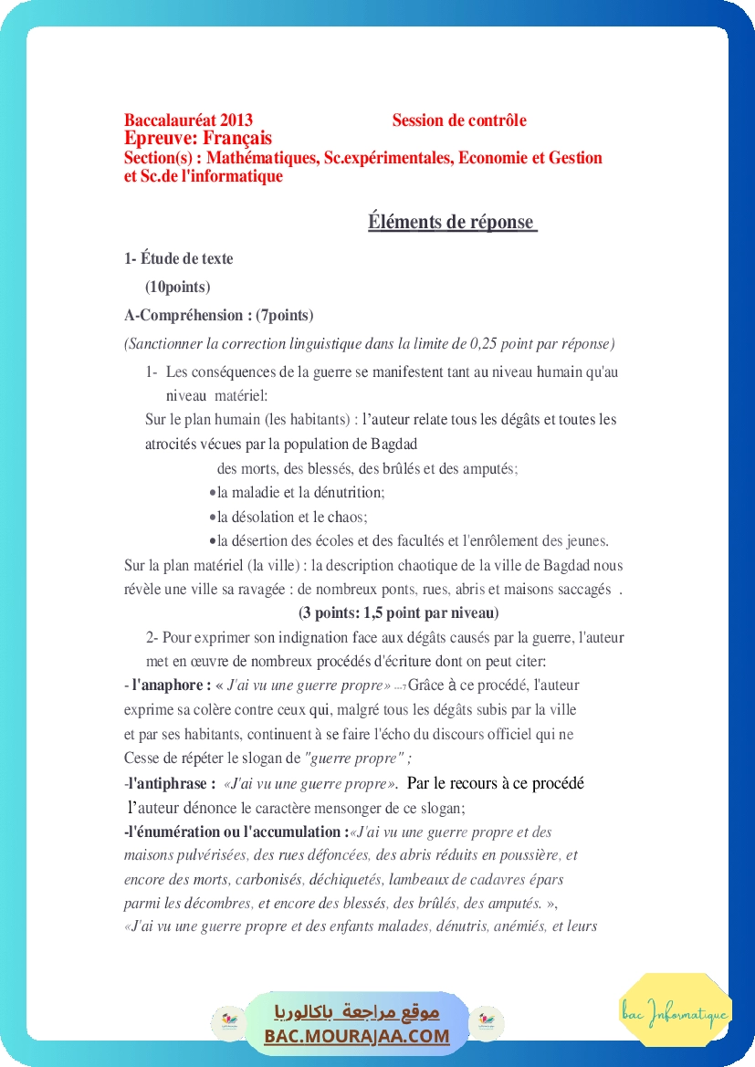 Corrigé controle francais Bac 2013 – Section info